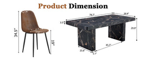 English Elm Table and Chair Set Seating Six with Marble Mdf Top Brown Fabric Upholstered Seats W1151S03914