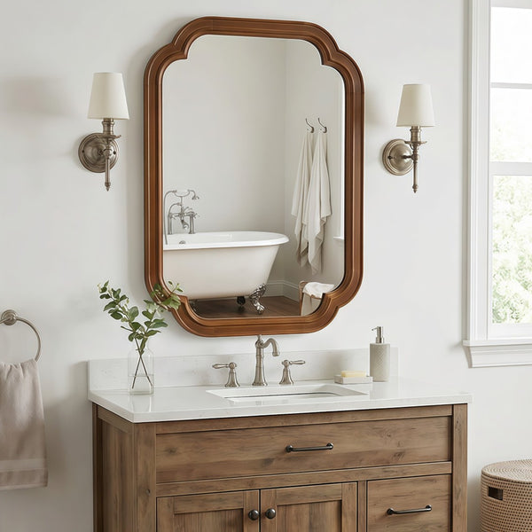 English Elm Black Walnut Solid Wood Frame Mirror with Rounded Corners for Bedroom or Entryway W2203P455260