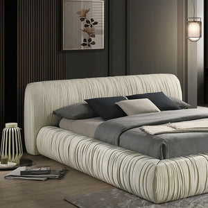 English Elm Platform Queen Bed Pleated Upholstered Frame Low Profile Contemporary Bedroom Furniture Ivory B2741S00838
