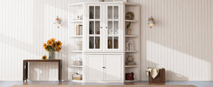 English Elm 75.25'' Retro-Modern Wall Suit with Glass Doors and Twin Triangle Bookshelves, White Display Cabinet Set SUIT01_N845P263124W