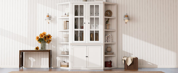 English Elm 75.25'' Retro-Modern Wall Suit with Glass Doors and Twin Triangle Bookshelves, White Display Cabinet Set SUIT01_N845P263124W