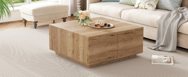 English Elm 33.25" Square Storage Coffee Table Four Drawer Matte Mdf Living Room Centerpiece Natural N735P422508N