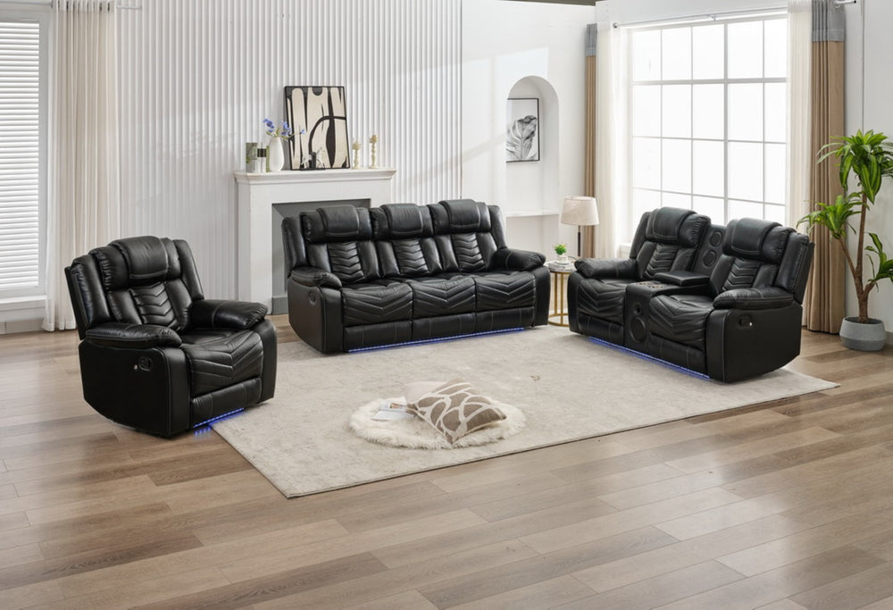 English Elm Ms 3 Piece Technical Leather Reclining Sofa Set with Led Lighting and Wireless Charging Black W1805S00164
