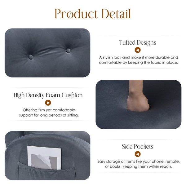 English Elm Upholstered Velvet Accent Chair and Ottoman with Storage, Tufted Design, 6-Level Adjustable Backrest Dark Gray T3623P411376