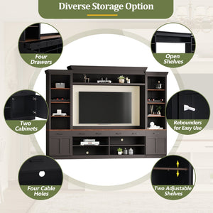 English Elm On-Trend Farmhouse 4-Piece Tv Entertainment Wall Unit For 70" Tvs, Walnut Finish & Wine Rack Storage N721S000046B-GIGA