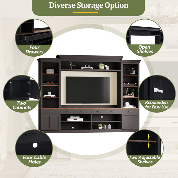 English Elm On-Trend Farmhouse 4-Piece Tv Entertainment Wall Unit For 70" Tvs, Walnut Finish & Wine Rack Storage N721S000046B-GIGA