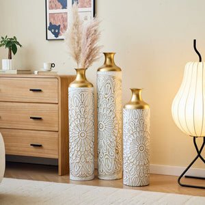 English Elm Floor Glam Metal Vase Set 3-Piece Gold & White Droplet Sculptural Floor Vases Tall Modern Décor W2796P321401