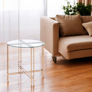 English Elm Veises Champagne Finish End Table with Clear Glass Top, Round Metal Drum Base, Modern Elegant Accent B2726P244382
