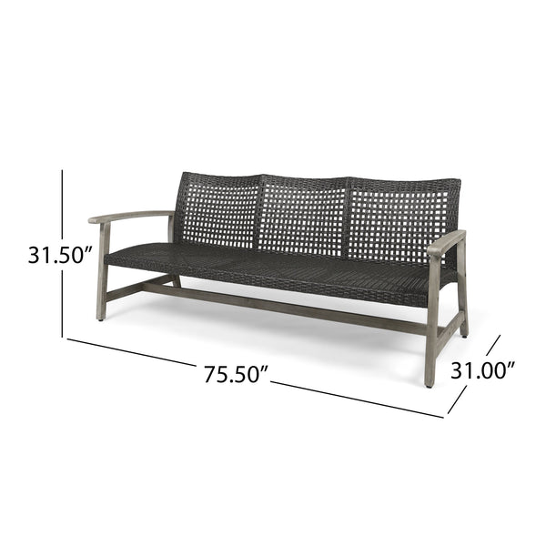 English Elm Christopher Knight Home® - Outdoor Acacia Wood Wicker 3 Seater Sofa with Iron Accents, Weather-Resistant Patio Conversation Set Grey 60395.00WTCLMBLK
