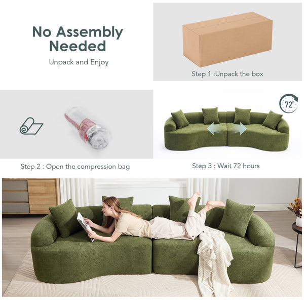 English Elm Curved Boneless Sofa modular 110" sectional with high-density foam & spring core, kid‑friendly curves, no assembly required for easy moving and cozy lounging Green W2231S00006