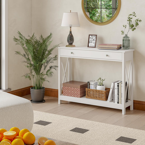 English Elm Console Farmhouse Console Table with Drawer and Open Shelves for Entryway Living Room Storage White T3771P356250