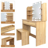 English Elm Vanity Desk Set Stool & Dressing Table With Led Lighting Mirror Drawer and Compartments Modern Wood Cosmetic Table Chest Of Drawers Nature Color