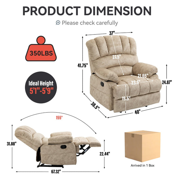 English Elm Large Oversized Manual Recliner Upholstered in Neutral Fabric for Relaxing Living Rooms Beige W3224P288517