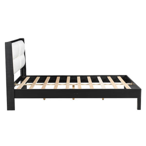 English Elm Solid Wood Queen Platform Bed Velvet Tufted Headboard Architectural Slat Design Black N7090000742B
