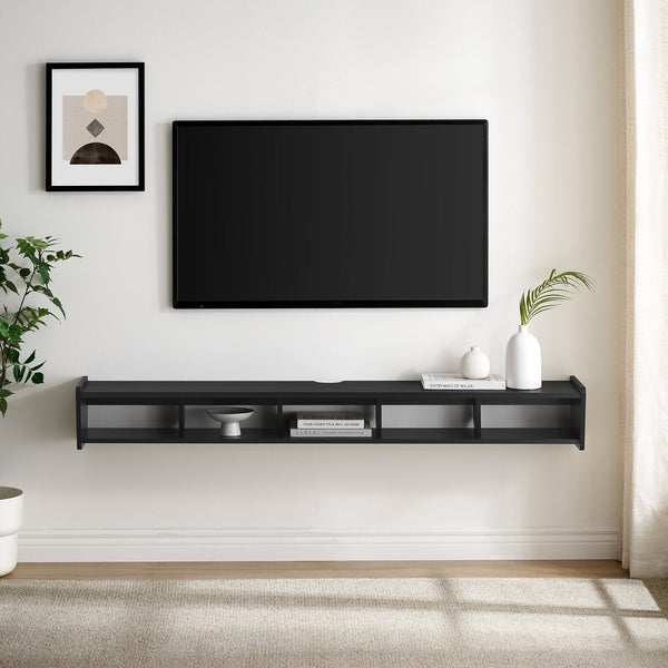 English Elm Walker Edison - Modern Wall-Mounted Floating TV Stand Coastal Oak – Minimalist MDF Shelf for TVs up to 70", 5 Cubby Storage, Cord Management, Hardware Included Black 69 L x 14 W x 4 H B185P168909
