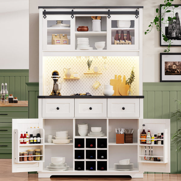 English Elm K&K 71" Farmhouse Pantry Bar Cabinet with RGB Lights, Sliding Hutch, Pegboard, Power Outlet, Wine Storage N707S000008W