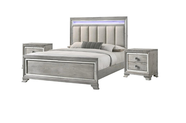 English Elm 1Pc King Size Panel Bed With Led Lighting, Tufted Headboard & Gray Wood Grain Finish For Modern Luxury B2741S00091