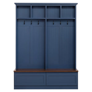 English Elm Rattan Door Hall Tree Bench with 6 Hooks Farmhouse Entryway Storage Blue N721S000076C