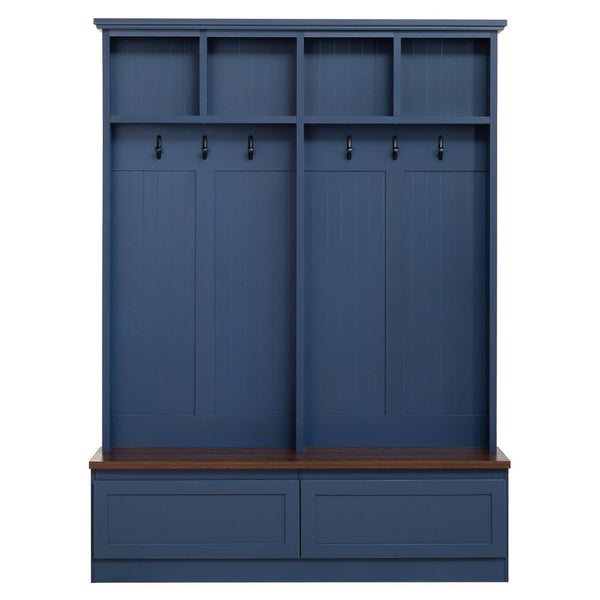 English Elm Rattan Door Hall Tree Bench with 6 Hooks Farmhouse Entryway Storage Blue N721S000076C
