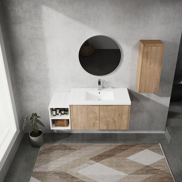 English Elm 48" Wall-Mounted Bathroom Vanity Set With Sink & Side Cabinet - Modern Storage Solution For Small Spaces W999S00235