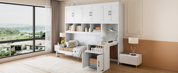 English Elm Twin Murphy Wall Bed with Integrated Closet Drawers and Desk for Studio Spaces White LP000595AAK-2