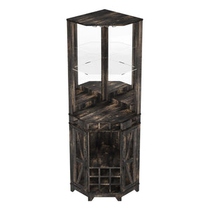 English Elm 67.3" Farmhouse Corner Bar Cabinet Led Lit Wine Storage with Built-in Power Outlets N735P361429D