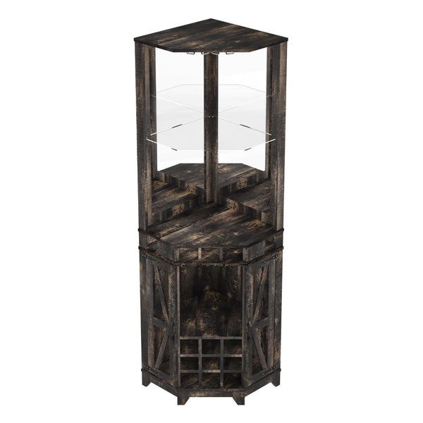 English Elm 67.3" Farmhouse Corner Bar Cabinet Led Lit Wine Storage with Built-in Power Outlets N735P361429D