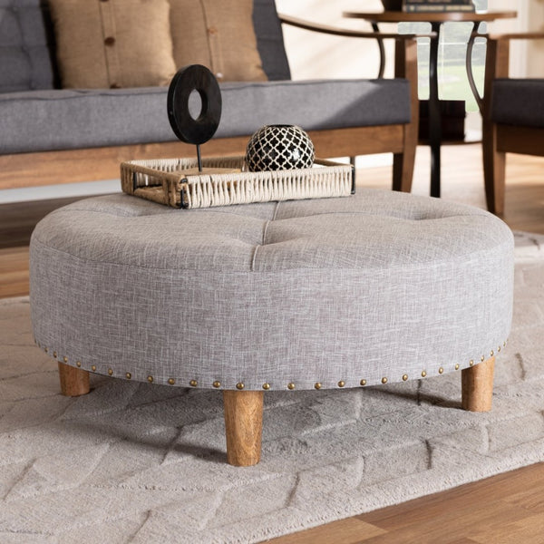 Baxton Studio Baxton Studio Vinet Modern Light Gray Ottoman with Natural Wood Legs & Tufted Brass Accents, Versatile Use JY17A200-Light Grey-Otto