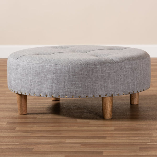 Baxton Studio Baxton Studio Vinet Modern Light Gray Ottoman with Natural Wood Legs & Tufted Brass Accents, Versatile Use JY17A200-Light Grey-Otto