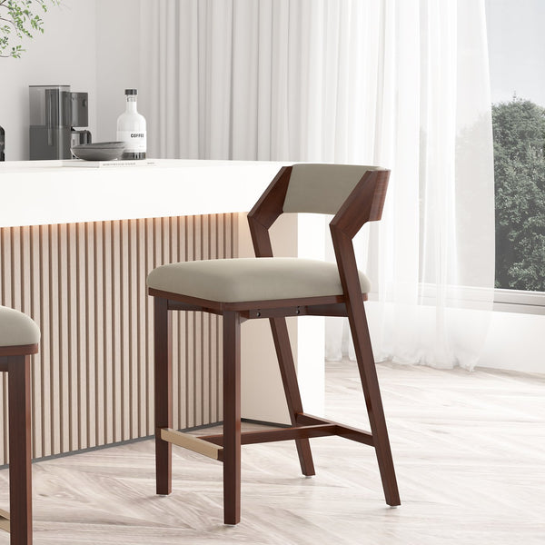 English Elm Patricia Velvet Upholstered Counter Stool with Beech Frame, Gold Footrest Plate, Commercial Grade Comfort Linen B365P398031