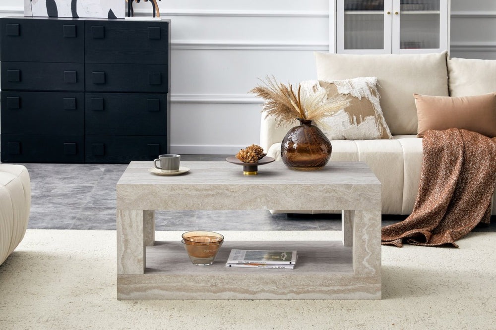 English Elm Modern Two Tier Rectangular Coffee Table with Open Shelf Mdf Build for Living Rooms W3875P389660