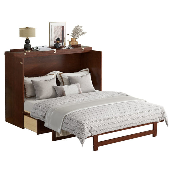 English Elm Queen Size Murphy Bed - Stylish Walnut Pine Cabinet With Rattan Accents & Full-Width Storage Drawer W504S00231-GIGA
