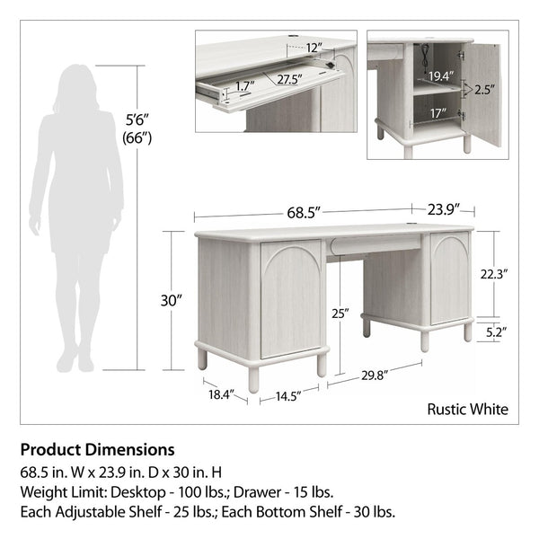 English Elm Selena Whitewashed Wood Veneer Executive Desk with Wireless Charging and Pedestal Storage B2733S00021
