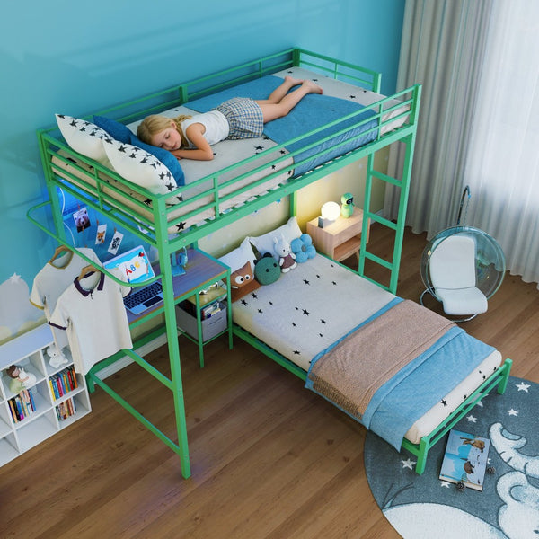 English Elm Bunk Bed Twin Over L-shaped Metal Frame with Desk Storage Shelves and Drawers W3752S00007