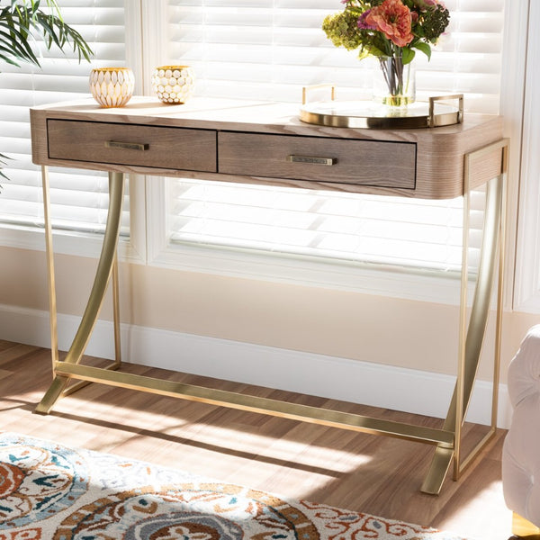 Baxton Studio Baxton Studio Lafoy Stylish 2-Drawer Console Table in Natural Wood & Gold Finish for Modern Homes FJ2A034-Light Brown-Console