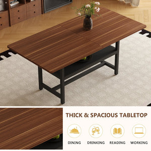 English Elm Table and Chair Set 71 Inch Walnut Grain Dining with 6 Pu Upholstered Seats Walnut+Black W1151S04278