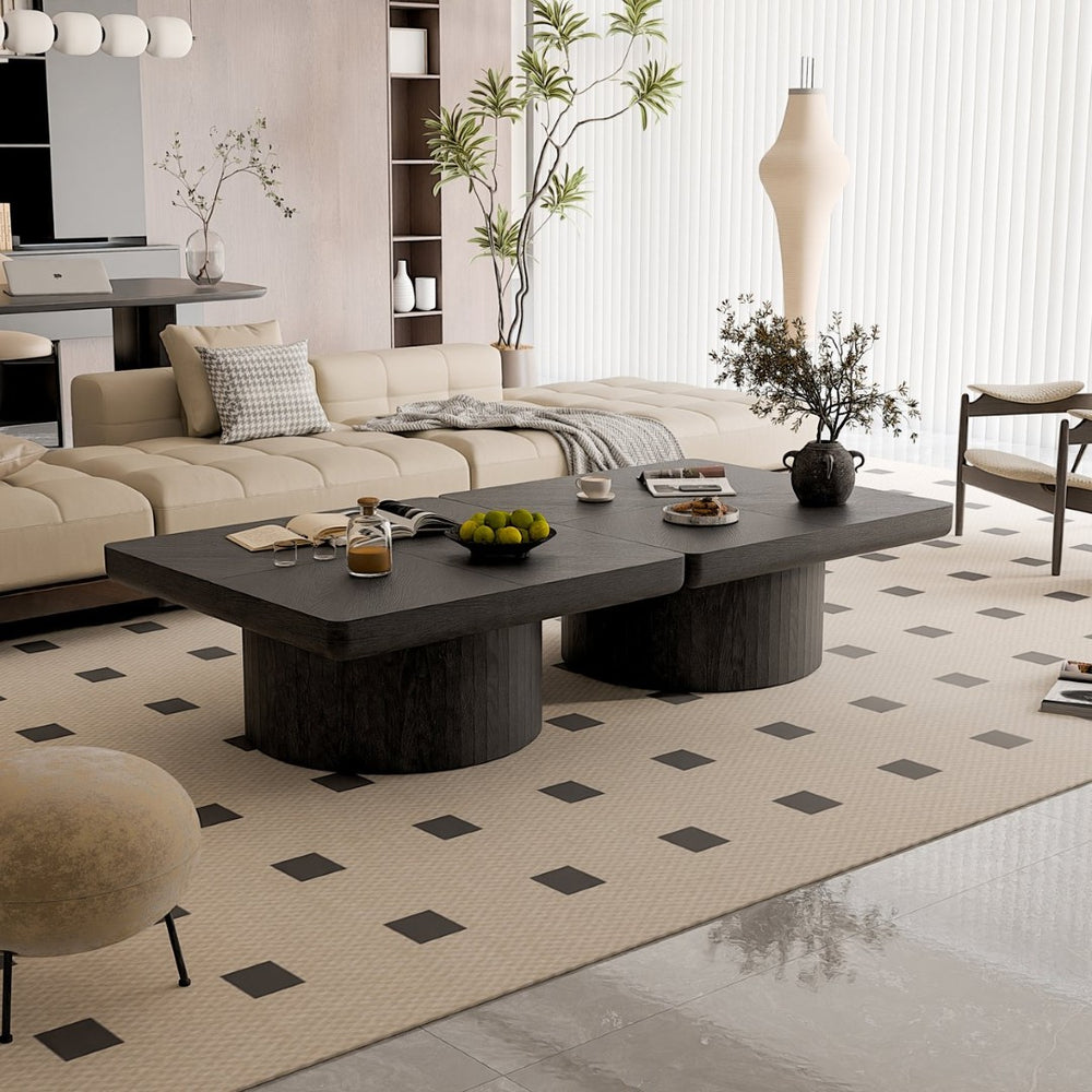 English Elm 34.6'' Square Coffee Table Parquet Wood Veneer Sculptural Cylindrical Base Modern Living Room Black W1435P337648