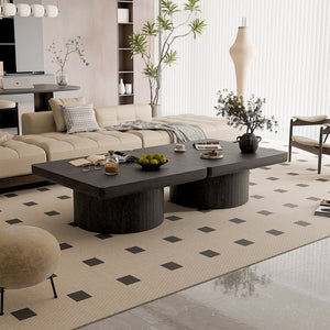 English Elm 34.6'' Square Coffee Table Parquet Wood Veneer Sculptural Cylindrical Base Modern Living Room Black W1435P337648