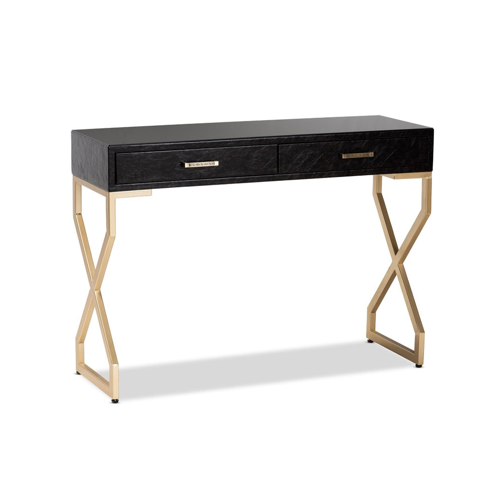 Baxton Studio Baxton Studio Carville Modern Console Table with Gold Frame, Faux Leather & Glass Top for Stylish Storage FJ2A035-Dark Brown-Console