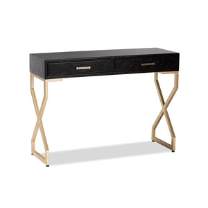 Baxton Studio Baxton Studio Carville Modern Console Table with Gold Frame, Faux Leather & Glass Top for Stylish Storage FJ2A035-Dark Brown-Console