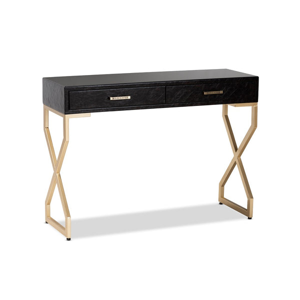 Baxton Studio Baxton Studio Carville Modern Console Table with Gold Frame, Faux Leather & Glass Top for Stylish Storage FJ2A035-Dark Brown-Console