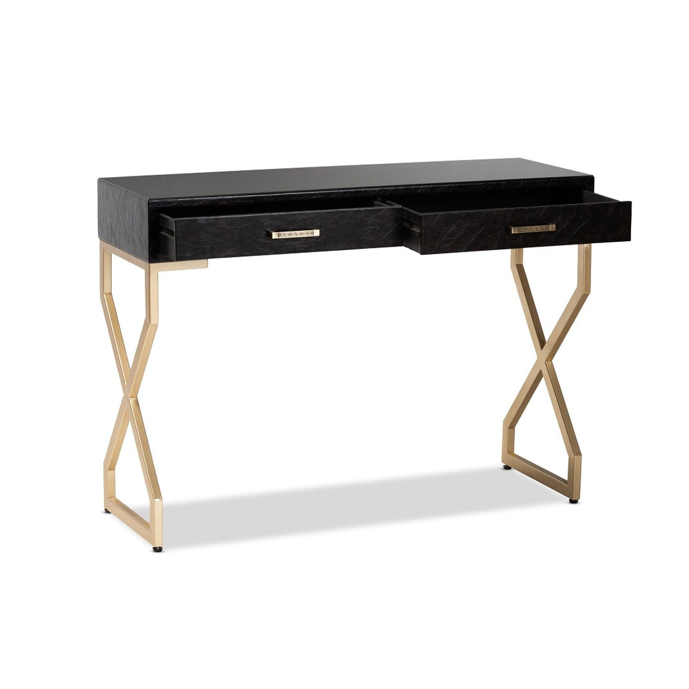 Baxton Studio Baxton Studio Carville Modern Console Table with Gold Frame, Faux Leather & Glass Top for Stylish Storage FJ2A035-Dark Brown-Console