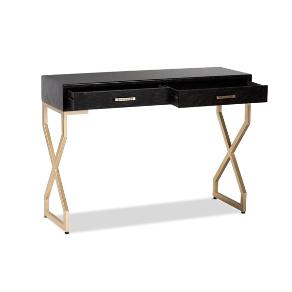 Baxton Studio Baxton Studio Carville Modern Console Table with Gold Frame, Faux Leather & Glass Top for Stylish Storage FJ2A035-Dark Brown-Console