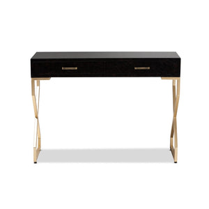 Baxton Studio Baxton Studio Carville Modern Console Table with Gold Frame, Faux Leather & Glass Top for Stylish Storage FJ2A035-Dark Brown-Console