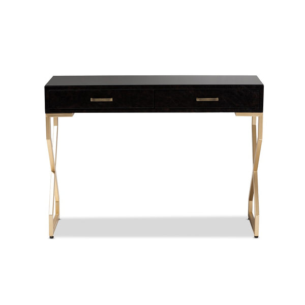 Baxton Studio Baxton Studio Carville Modern Console Table with Gold Frame, Faux Leather & Glass Top for Stylish Storage FJ2A035-Dark Brown-Console