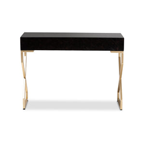 Baxton Studio Baxton Studio Carville Modern Console Table with Gold Frame, Faux Leather & Glass Top for Stylish Storage FJ2A035-Dark Brown-Console