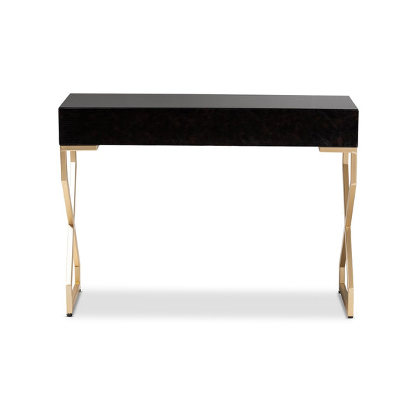 Baxton Studio Baxton Studio Carville Modern Console Table with Gold Frame, Faux Leather & Glass Top for Stylish Storage FJ2A035-Dark Brown-Console