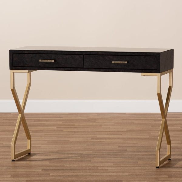 Baxton Studio Baxton Studio Carville Modern Console Table with Gold Frame, Faux Leather & Glass Top for Stylish Storage FJ2A035-Dark Brown-Console
