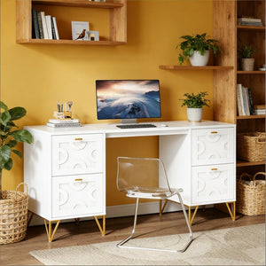 English Elm Stylish White Mdf Computer Desk with Gold Legs Four Drawers for Home Office T3971P449545