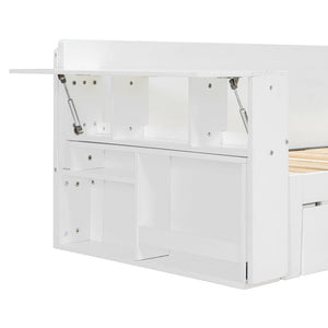 English Elm Queen Daybed with Hydraulic Desk Storage Drawers and Convertible Sofa for Small Spaces White LT000272AAK
